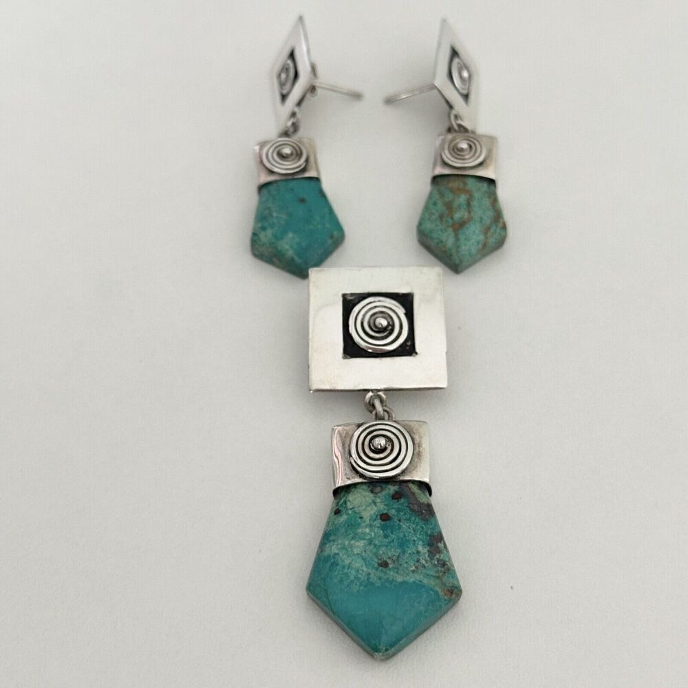 Vintage 950 Silver Turquoise Modernist Swirl Earrings Pendant Set